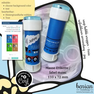 May include: Two blue and white soap bubble wrappers with a train design. The wrappers are personalized with the text "Jahre" and "NAME". The wrappers are 110 x 72 mm.