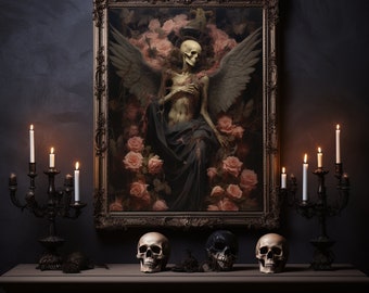 Glorious Decay, Winged Skeleton in the Bed of Roses, Wall Art, Home Decor, Horror Poster, Dark Art, Skull and roses