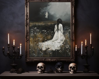 Grieving Lady in the Summer Field, Ghostly Figure in the Sky, Wall Art, Home Decor, Horror Poster, Dark Art