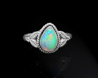 Ethiopian Opal Silver Ring, Pear Gemstone, Handmade 925 Sterling Silver