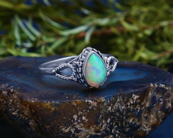 Natural Ethiopian Opal Sterling Silver Ring, Pear Gemstone