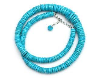 Natural Arizona Turquoise Tyre Bead Necklace, Sterling Silver