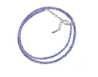 Natural Tanzanite Rondelle Beads Necklace, Rhodium Plated Sterling Silver