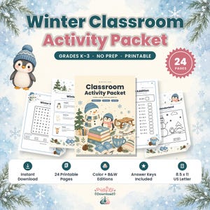 May include: A 24-page winter classroom activity packet for grades K-3, featuring printable worksheets with penguin and snowman illustrations. Includes math, writing, and word search exercises on 8.5 x 11 inch US letter size pages.
