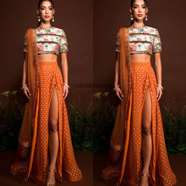 Schöne Slit cut lehenga Orange Slit SKIRT lehenga choli Benutzerdefinierte genähte lehenga Hochzeit Lehenga Choli party Abnutzung