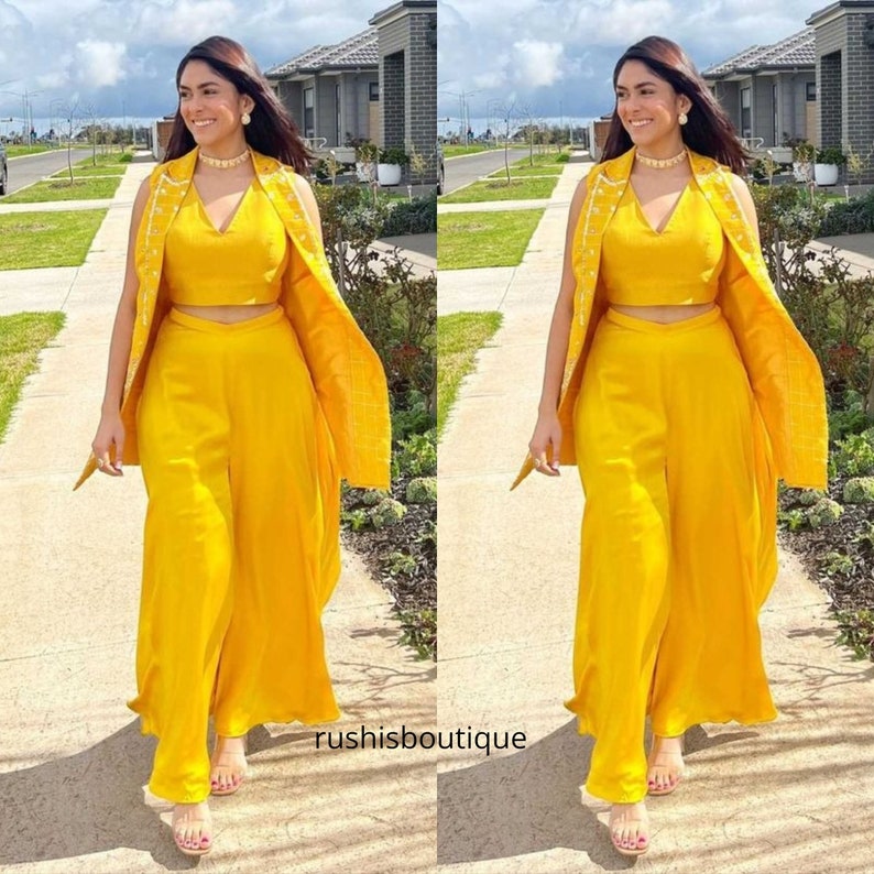 Haldi Ceremony in Yellow Indowestern Wear Yellow Indo Western Ruffle Yellow Crop Top