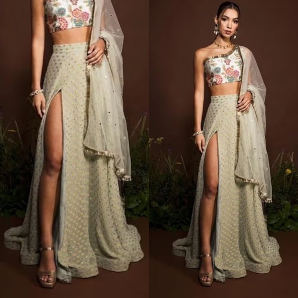 Cocktail suit Beautiful Fancy Cut slit One Shoulder Slit lehenga party wear lengha choli  Slit skirt Weeding and function's wear