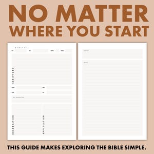 May include: A two-page journal with the text "NO MATTER WHERE YOU START" at the top. The left page has sections for scripture and observation, while the right page is for prayer and notes. The text "THIS GUIDE MAKES EXPLORING THE BIBLE SIMPLE" is at the bottom.