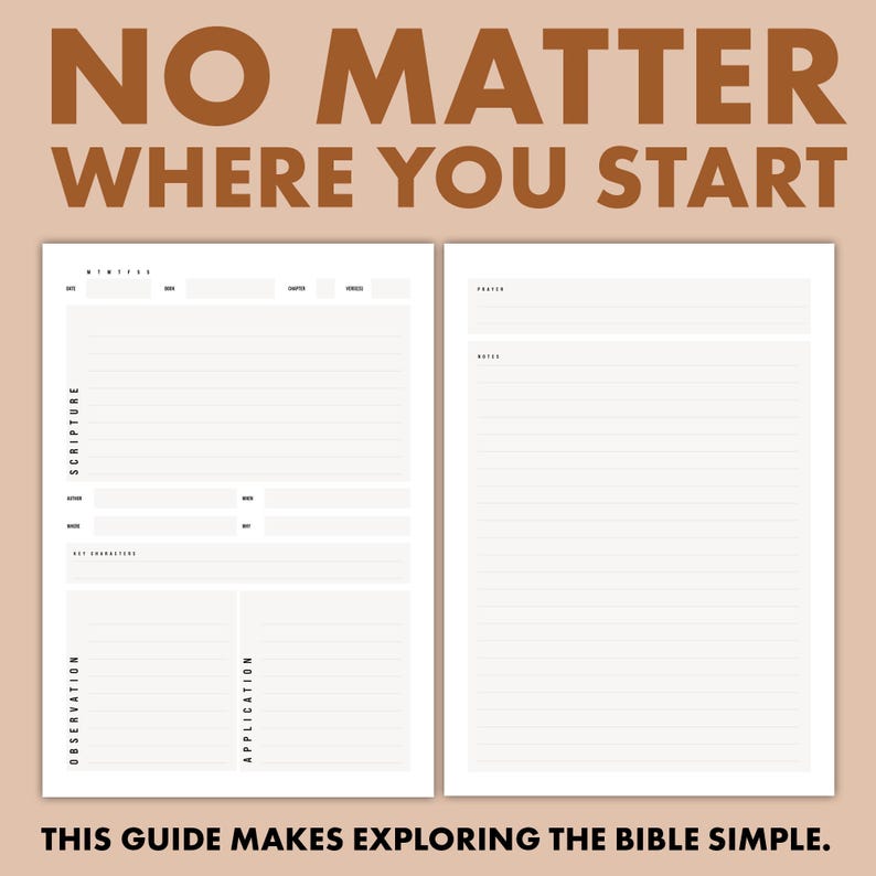 May include: A two-page journal with the text "NO MATTER WHERE YOU START" at the top. The left page has sections for scripture and observation, while the right page is for prayer and notes. The text "THIS GUIDE MAKES EXPLORING THE BIBLE SIMPLE" is at the bottom.