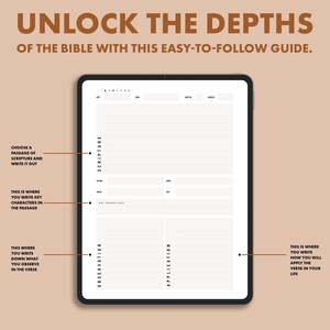 May include: A digital tablet displaying a study guide with the text "UNLOCK THE DEPTHS OF THE BIBLE WITH THIS EASY-TO-FOLLOW GUIDE." The guide includes sections for scripture, observation, and application, designed for in-depth Bible study.