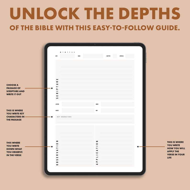 May include: A digital tablet displaying a study guide with the text "UNLOCK THE DEPTHS OF THE BIBLE WITH THIS EASY-TO-FOLLOW GUIDE." The guide includes sections for scripture, observation, and application, designed for in-depth Bible study.