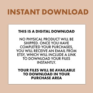 May include: A digital download announcement with the text "INSTANT DOWNLOAD" in brown. The white rectangular graphic contains text stating that no physical product will be shipped and files are available to download instantly after purchase.