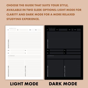 May include: Two study guides are displayed, one in light mode and the other in dark mode. The light mode guide is white with black text, while the dark mode guide is black with white text. Both guides have sections for scripture, key characters, observation, and application.