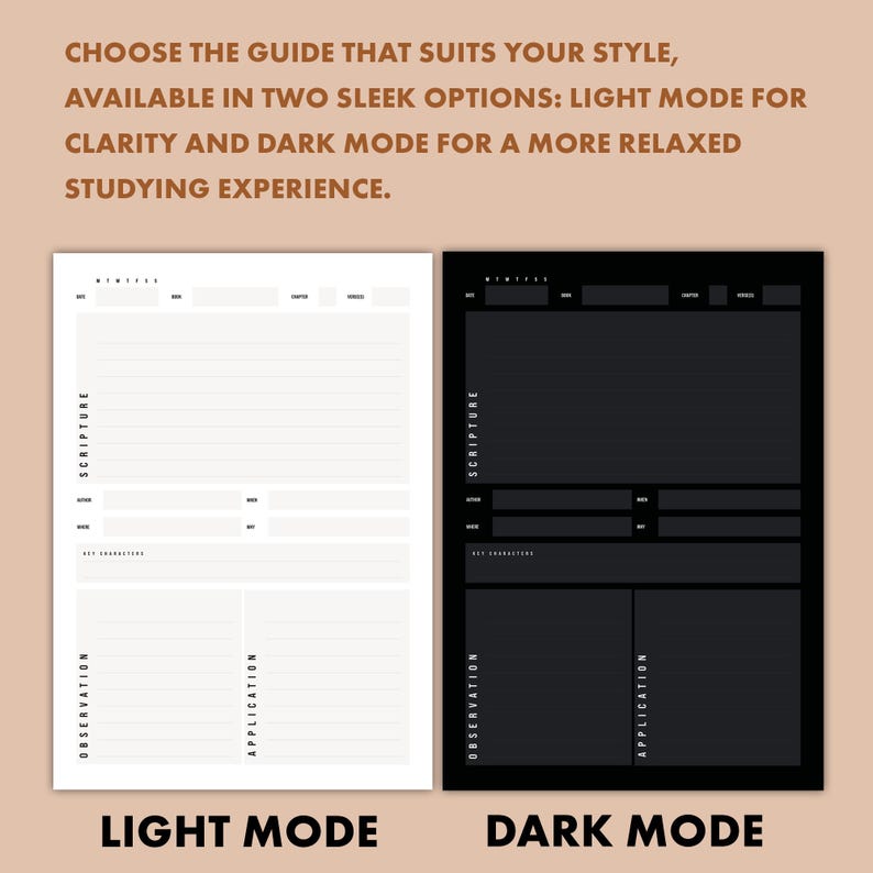 May include: Two study guides are displayed, one in light mode and the other in dark mode. The light mode guide is white with black text, while the dark mode guide is black with white text. Both guides have sections for scripture, key characters, observation, and application.