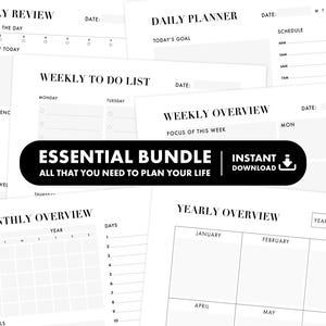 Yearly planner, Monthly Planner, Weekly Planner, Weekly To Do List, Daily Planner, Daily Review, A4/A5 DIGITAL + PRINTABLE, Essential Bundle