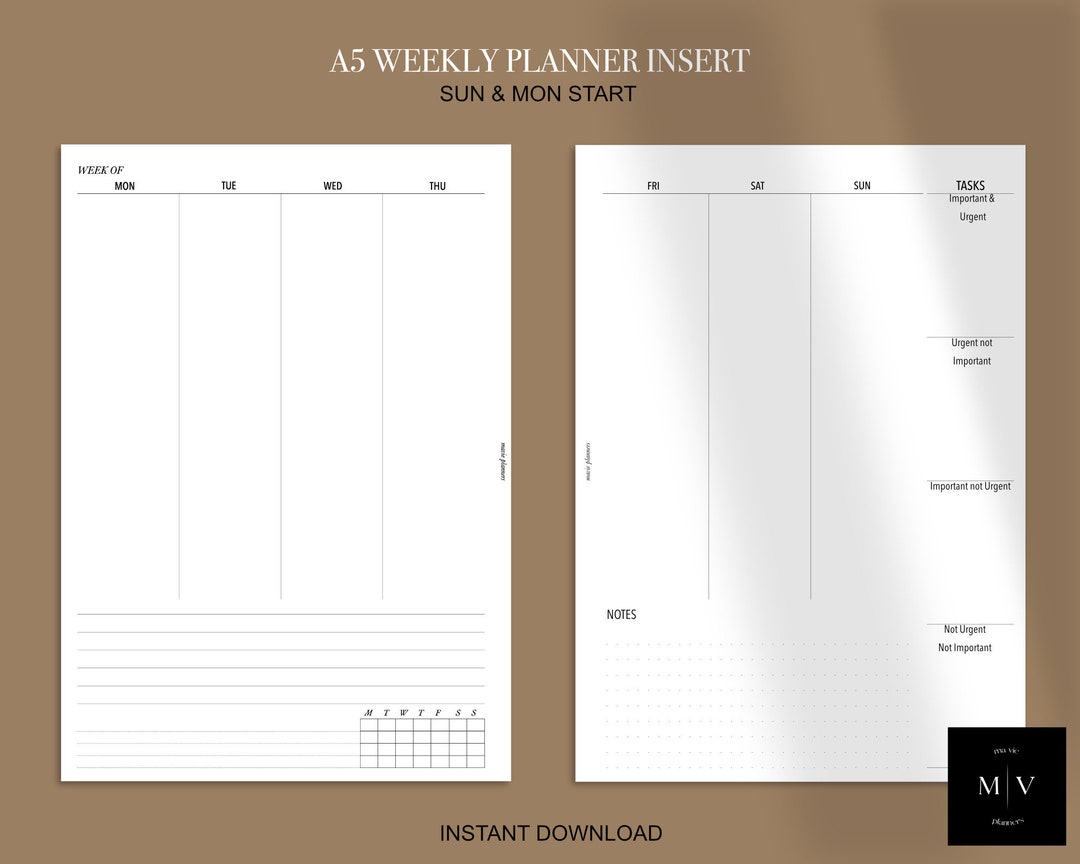Undated Weekly Planner Insert Size A5 Printable Vertical - Etsy