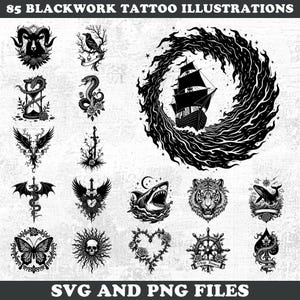 May include: A collection of 85 blackwork tattoo illustrations featuring various designs including a ship in a whirlpool, a ram, a raven, a snake, a skull, a shark, a tiger, a butterfly, and a heart. The text 85 BLACKWORK TATTOO ILLUSTRATIONS SVG AND PNG FILES is visible.