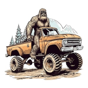 Puede incluir: Una camioneta vintage marrón con una gran figura de Bigfoot peluda sentada en la caja de la camioneta. La camioneta tiene neumáticos grandes y está conduciendo por un paisaje montañoso nevado.