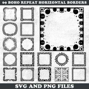 May include: A collection of 69 black and white digital graphic borders featuring various geometric, floral, rope, and celestial patterns. The text 69 BOHO REPEAT HORIZONTAL BORDERS and SVG AND PNG FILES is displayed at the top and bottom of the image.