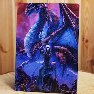 3D-Lentikularpostkarte 12 x 17 cm Drache und Zauberin 3D-Effekt holografisch, Stereoskopisches Anaglyphen-Zauberbild-Poster