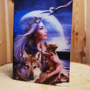 3D-Lentikularpostkarte 12 x 17 cm Frau mit Wölfen 3D-Effekt holografisch Stereoskopisches Anaglyphen-Zauberbild Poster