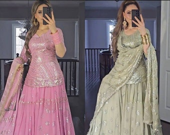 Pakistani Heavy Embroidery Sequence Work Dresses, Women Salwar Kameez Readymade Sets, Indian Wedding Wear Lehenga Kurta Dupatta Sets New Top