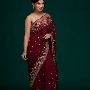 Party Wear Red Saree Georgette Sari Sequence Embroidery Work Saree