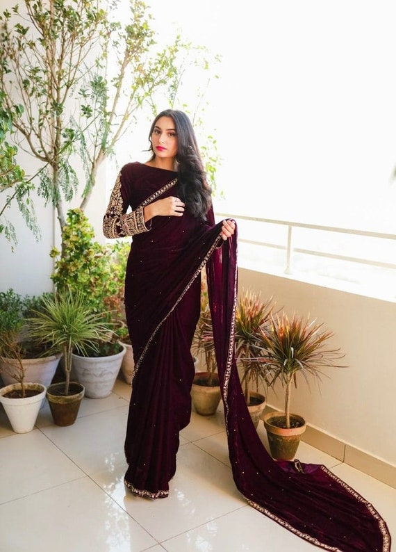 Velvet top bridal saree
