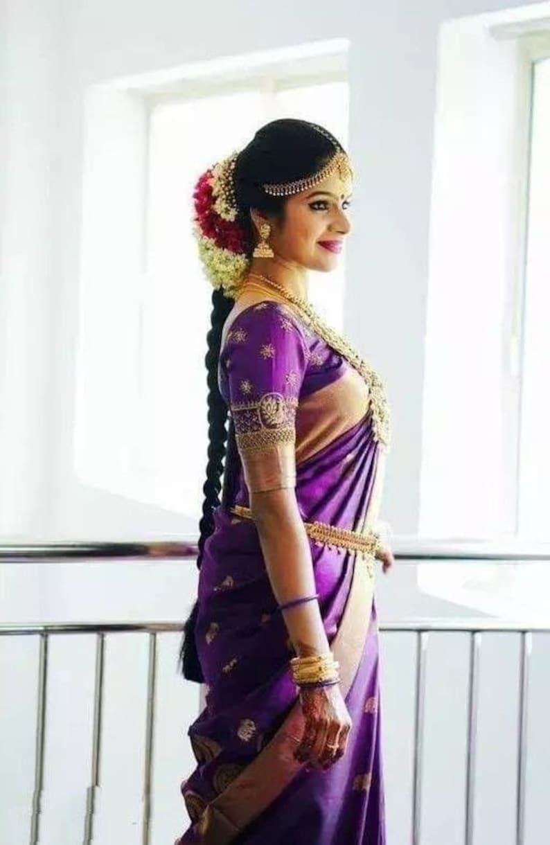 Jacquard Lichi Silk Purple Saree With Unstiched Blouse Piece
