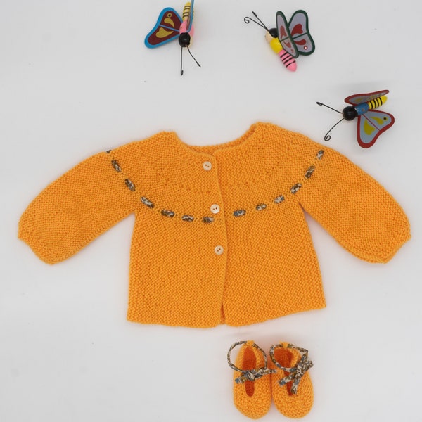 Ensemble brassière "Lili jolie" mandarine en rangs raccourcis, petites ballerines en laine et acrylique avec ruban Liberty, taille naissance