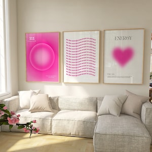 Póster digital de aura rosa, juego de arte de pared con el número 111 de ángel, diseño de corazón de aura degradado, cita y afirmación, póster de estética espiritual