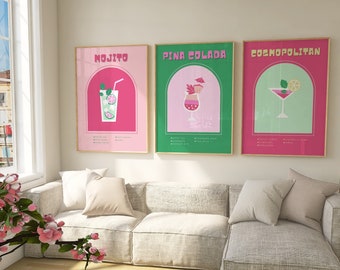 Cocktails DIGITAL Wall Art Set | Pop Art Drink Poster | Girly Aesthetic Art Printable | Mojito, Pina Colada, Cosmopolitan Poster | Pink Art