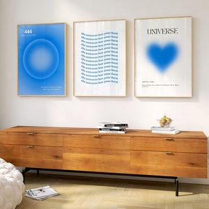 Blue Aura Digital Poster, 444 Angel Number Wall Art Set, Gradient Aura Heart Design, Quote and Affirmation, Spiritual Aesthetic Poster