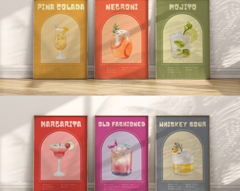 Cocktails DIGITAL Wall Art Set | Watercolor Drink Poster | Aesthetic Art Printable | Margarita, Mojito, Whiskey Sour, Negroni, Pina Colada