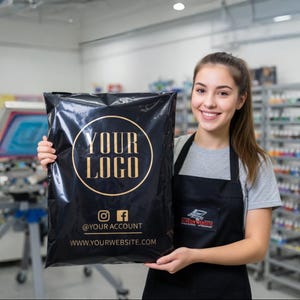 Könnte beinhalten: Schwarzer Versandbeutel mit einem goldenen kreisförmigen Logo mit der Aufschrift "YOUR LOGO". Die Tasche enthält auch Social-Media-Symbole und eine Website-Adresse. Die Tasche wird von einer Person gehalten, die eine schwarze Schürze trägt.