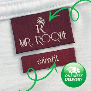 Etiquetas tejidas personalizadas para ropa: etiquetas con logotipos personalizados para boutiques de moda, prendas de diseño, cuidado de telas y costura artesanal.