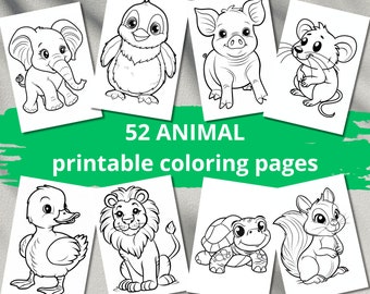 52 páginas para colorear para niños | niños pequeños | niños pequeños | libro para colorear sencillo | educativo | educación en casa | imprimible | animales | aventura colorida