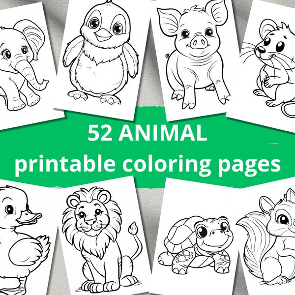 52 páginas para colorear para niños | niños pequeños | niños pequeños | libro para colorear sencillo | educativo | educación en casa | imprimible | animales | aventura colorida