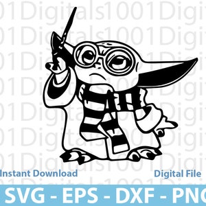 Könnte beinhalten: Schwarz-weiße digitale Illustration eines Baby Yoda-Charakters, der einen gestreiften Schal und eine Brille trägt. Der Charakter hält einen Zauberstab in seiner rechten Hand.