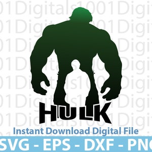 May include: A green silhouette of the Hulk standing with his arms crossed and a smaller silhouette of a person standing in front of him. The word "HULK" is written in black letters below the silhouettes.