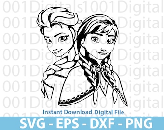 May include: Black and white line art illustration of two girls with long hair, wearing dresses and scarves. The girls are looking at the viewer. The image is a digital file for instant download.