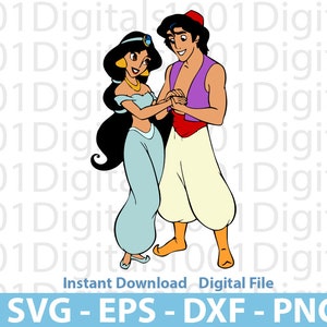 May include: A cartoon illustration of Aladdin and Jasmine from the Disney movie Aladdin. Aladdin is wearing a purple vest, red pants, and a red turban. Jasmine is wearing a blue dress and a gold necklace. They are both smiling and holding hands.