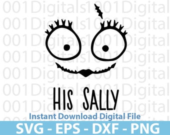 May include: Black and white digital design featuring a stylized face with large eyes and a mischievous grin. The text "HIS SALLY" is below the face.  Instant Download Digital File SVG - EPS - DXF - PNG