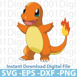 Charmander Svg, Pokémon Charmander Svg, Charmander Clipart, Arquivo de corte PNG, Silhueta Cricut, Adesivo Svg, Arquivo digital Svg Eps Dxf Png