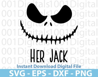May include: Black and white silhouette of a grinning face with the text "HER JACK" below. The image is a digital download file available in SVG, EPS, DXF, and PNG formats.