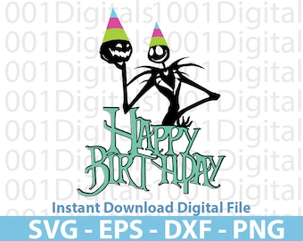 May include: A black silhouette of a character holding two pumpkin-shaped heads wearing party hats. The words "HAPPY BIRTHDAY" are in a teal, stylized font. Below, the text reads "Instant Download Digital File" and file type options.