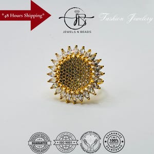 White Gold Sunflower Ring: Cubic Zirconia Floral Cocktail Ring