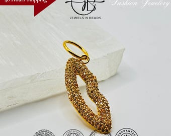14k Gold Polish for Gifting Minimal Jewelry 30*14mm approx. Handmade Lip Charm, AAA Quality Zircon Lips Pendant, Handmade Charm Necklace