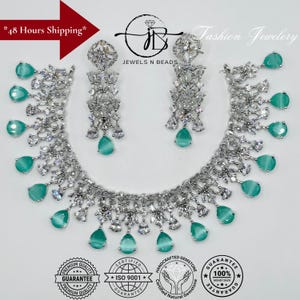 Cubic Zirconia Rhodium Plated Necklace & Earrings Set, Indian Wedding Jewelry