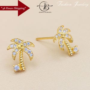 Boucles d'oreilles à clous en forme de palmier plaquées or 18 carats avec zircon cubique (10 mm) – Bijoux tropicaux de plage